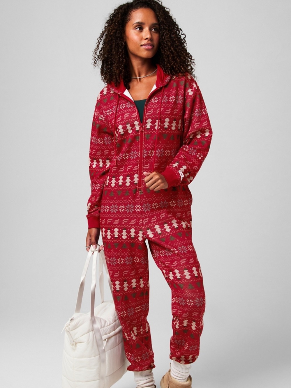 Fabletics Cozy Fleece Hooded Onesie Holly Berry Intarsia Medium